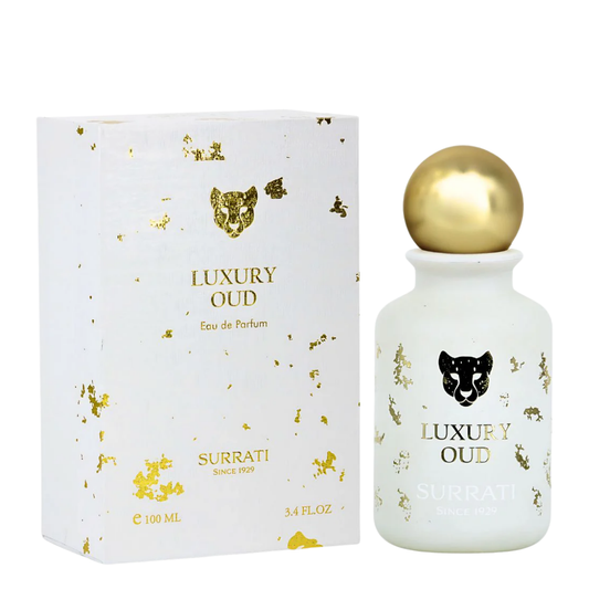 Luxury Oud perfume bottle and packaging with gold accents on a white background
