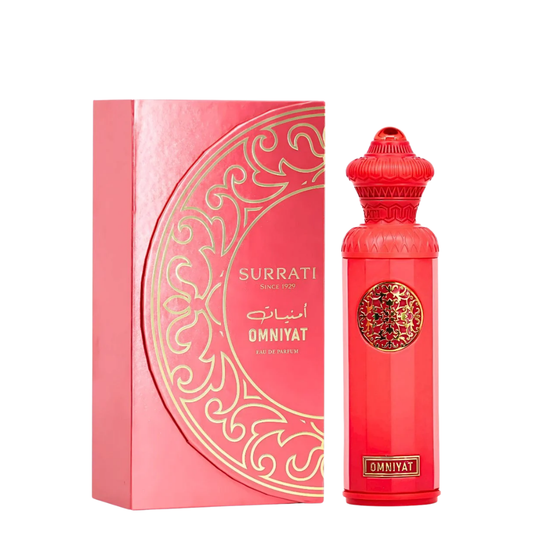 Red perfume bottle and packaging with 'Surrati' branding on a white background. Surrati Omniyat Unisex Perfume