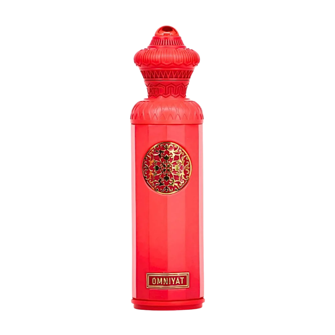 Red bottle with intricate design and 'OMNIYAT' branding on a white background. Surrati Omniyat Unisex Perfume