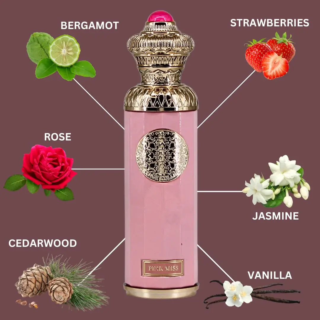 Pink perfume bottle with floral elements and labels on a brown background. Surrati Pink Miss Womens Perfume