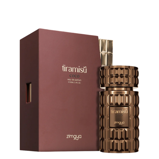 Tiramisu Coco perfume bottle and packaging on a white background