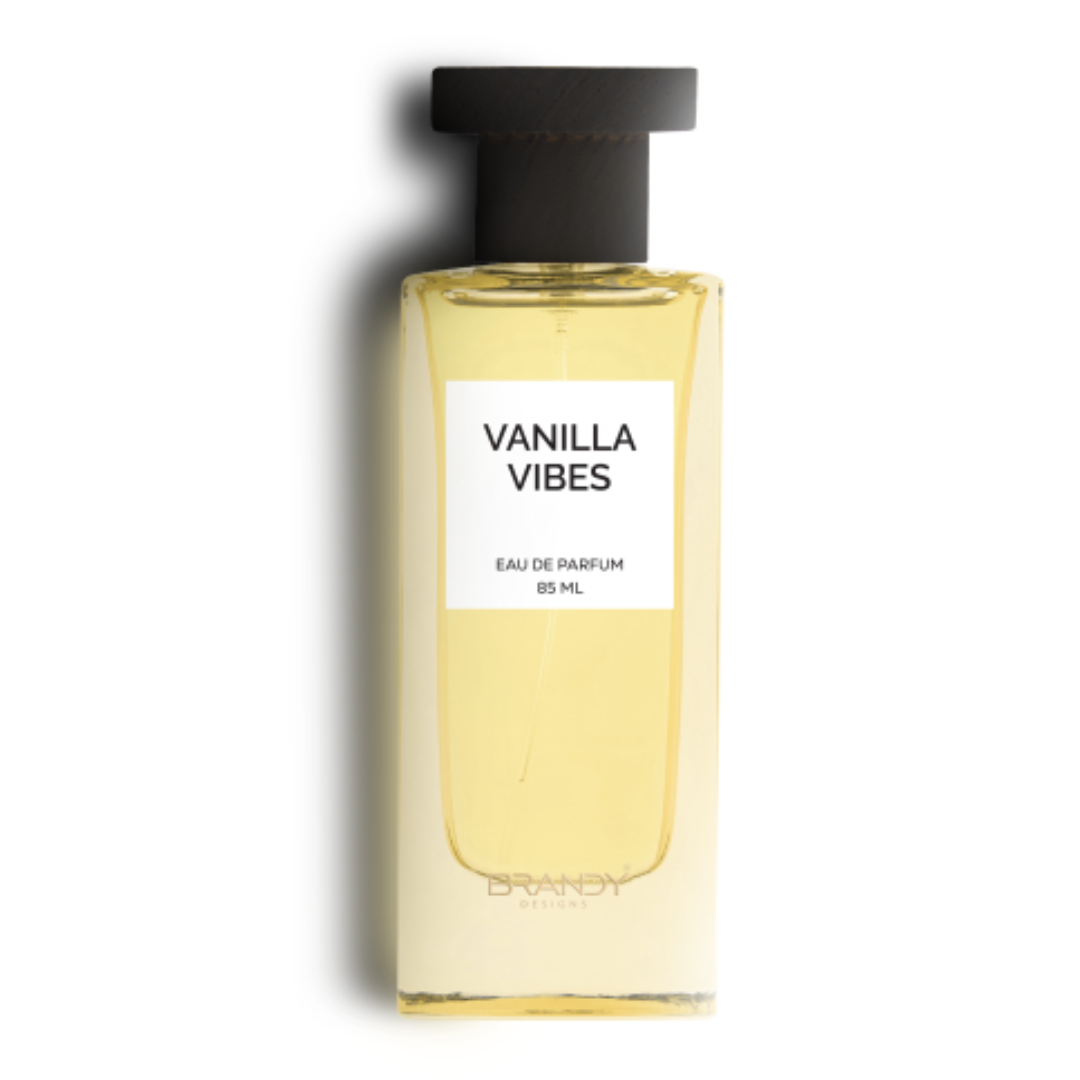 Vanilla Vibes Eau de Parfum 85ml by Brandy Designs – minimalist yellow fragrance bottle with dark wood-style cap. Clone / dupe of / inspired by Kayali - Vanilla Royale Sugared Patchouli.