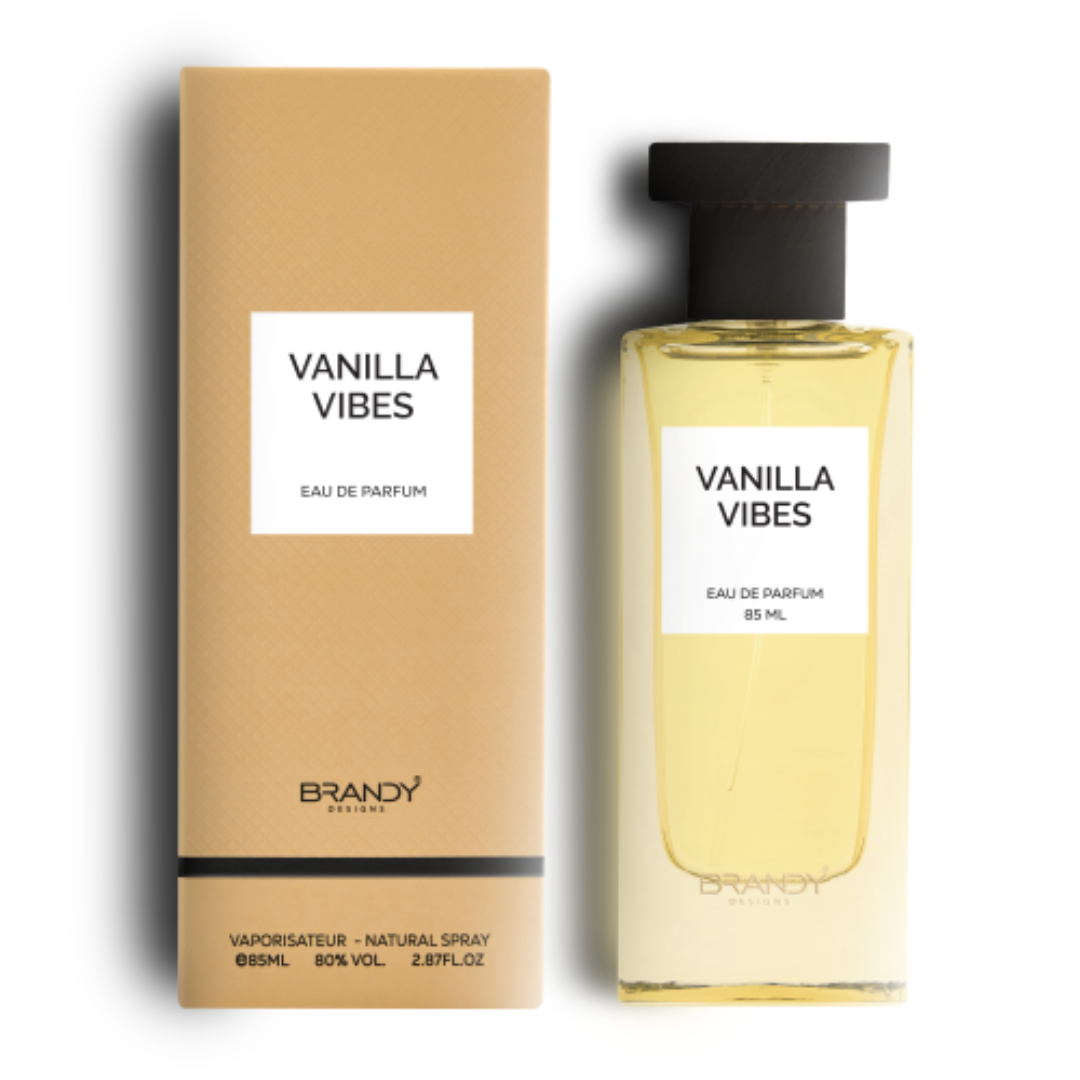 Brandy Designs Vanilla Vibes Eau de Parfum 85ml – elegant unisex perfume in soft yellow bottle with matching box. Clone / dupe of / inspired by Kayali - Vanilla Royale Sugared Patchouli.