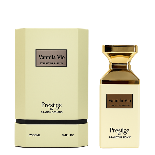 Vannila Vio perfume bottle and packaging by Prestige on a white background