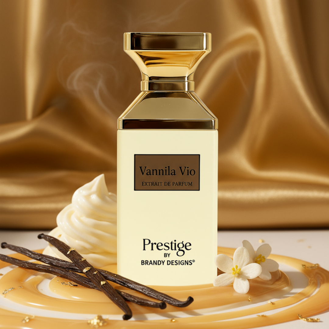 Perfume bottle labeled 'Vannila Vio' by Prestige on a gold fabric background with vanilla beans and flowers.