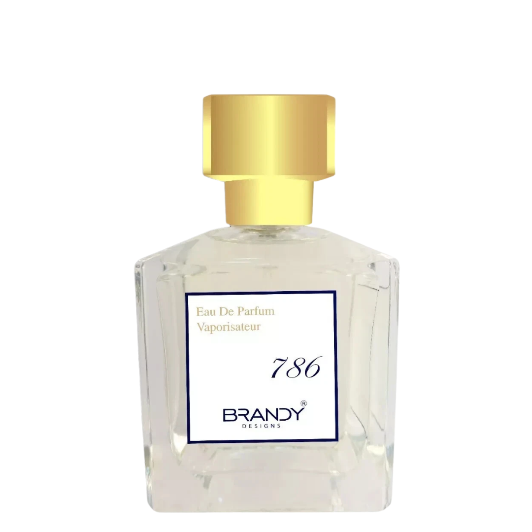 Perfume bottle with gold cap and 'Brandy Designs' label on a white background. 786 by Brandy Designs Unisex Perfume
