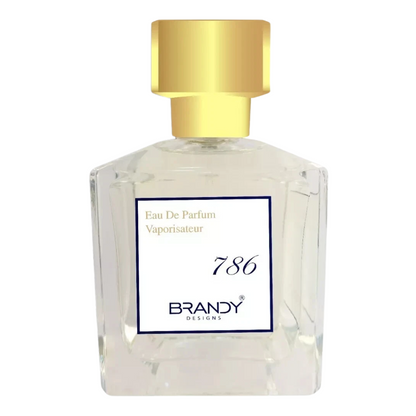 Perfume bottle with gold cap and 'Brandy Designs' label on a white background. 786 by Brandy Designs Unisex Perfume