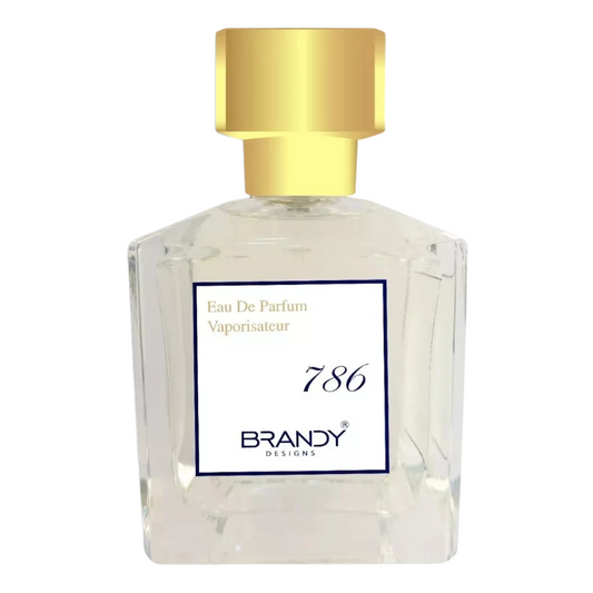 Perfume bottle with gold cap and 'Brandy Designs' label on a white background. 786 by Brandy Designs Unisex Perfume
