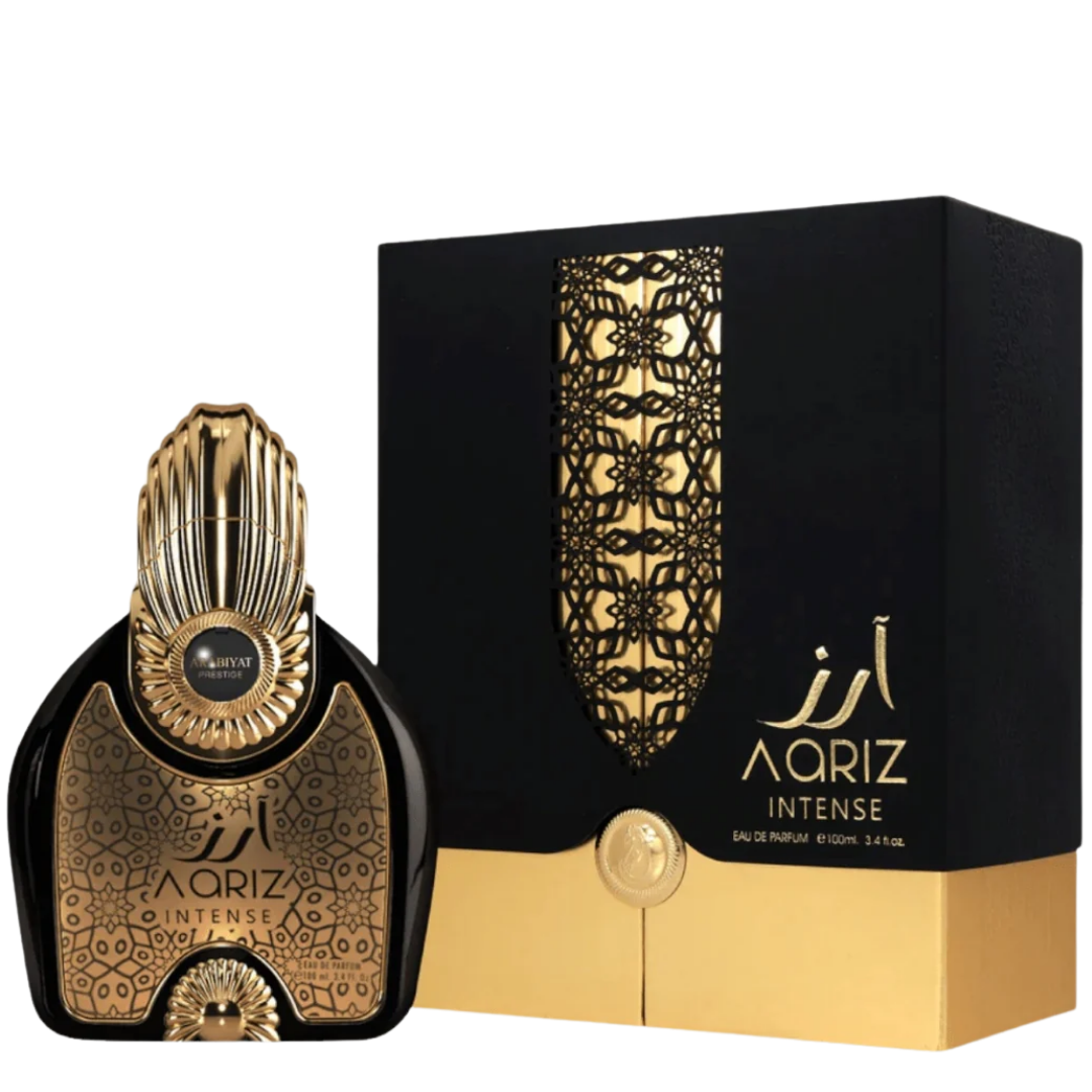 Perfume bottle and packaging on a white background. Aariz Intense by Arabiyat Prestige Unisex Perfume