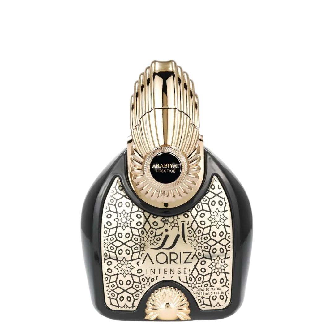A black and gold perfume bottle with intricate gold designs and a gold cap. Aariz Intense by Arabiyat Prestige Unisex Perfume