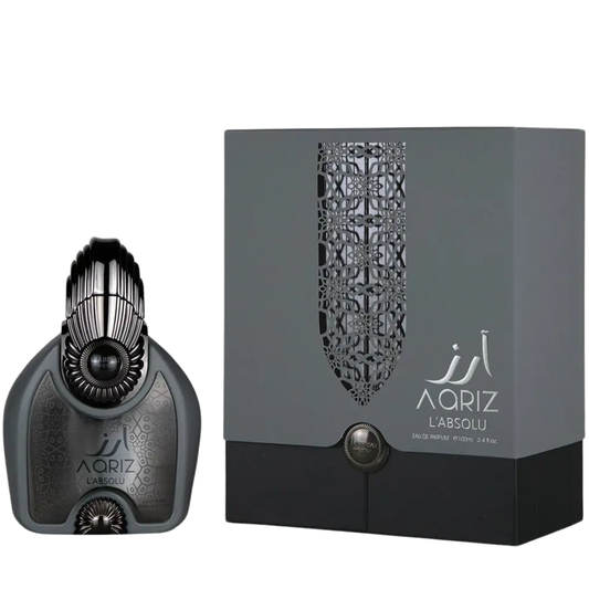 Perfume bottle and packaging box on a white background. Aariz L’Absolu by Arabiyat Prestige Unisex Perfume