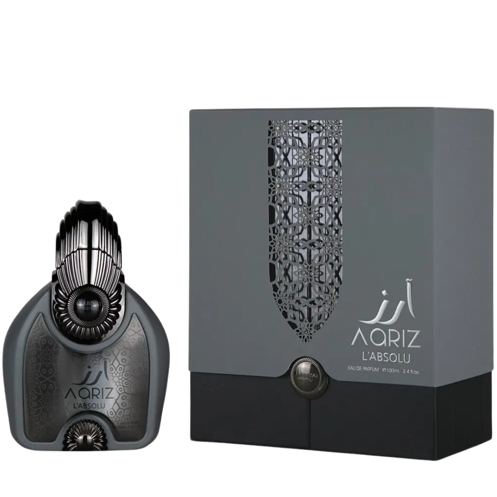 Perfume bottle and packaging box on a white background. Aariz  L’Absolu by Arabiyat Prestige Unisex Perfume
