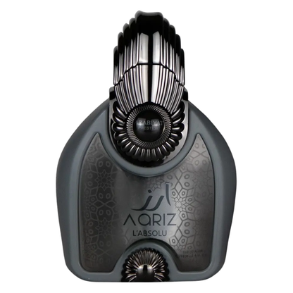 Aariz L’Absolu Perfume bottle with a black and silver design, featuring intricate patterns and the brand name prominently displayed. Aariz  L’Absolu by Arabiyat Prestige Unisex Perfume