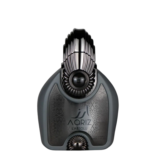 Aariz L’Absolu Perfume bottle with a black and silver design, featuring intricate patterns and the brand name prominently displayed. Aariz  L’Absolu by Arabiyat Prestige Unisex Perfume