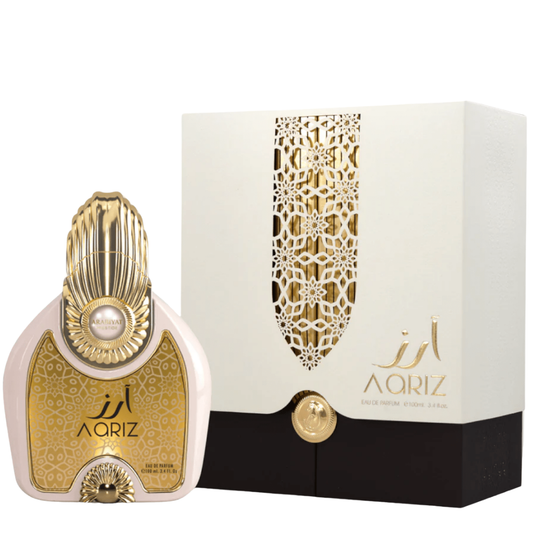 Perfume bottle and packaging box with intricate design. Aariz by Arabiyat Prestige Unisex Perfume