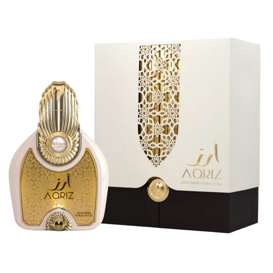 Perfume bottle and packaging box with intricate design. Aariz by Arabiyat Prestige Unisex Perfume