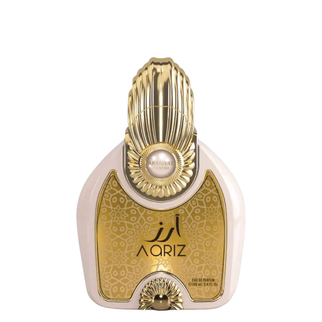 Aariz Perfume bottle with a decorative gold and white design, featuring a floral pattern and pearl-like details. Aariz by Arabiyat Prestige Unisex Perfume