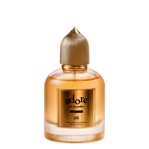Gold perfume bottle with 'adore' label on a white background. Adore by LXR Womens Perfume