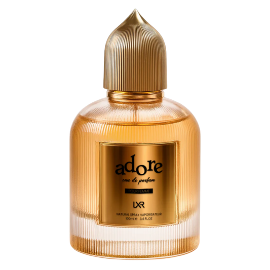 Gold perfume bottle with 'adore' label on a white background. Adore by LXR Womens Perfume