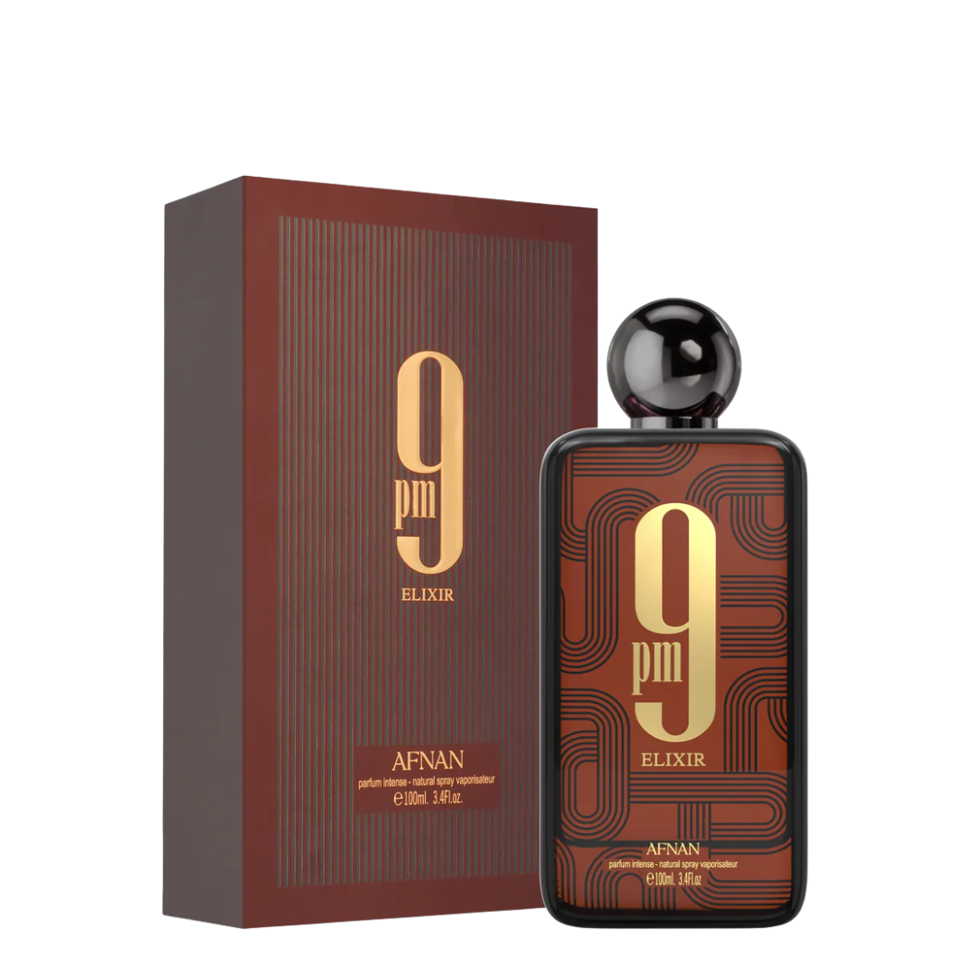 Afnan 9 Elixir perfume bottle and packaging on a white background