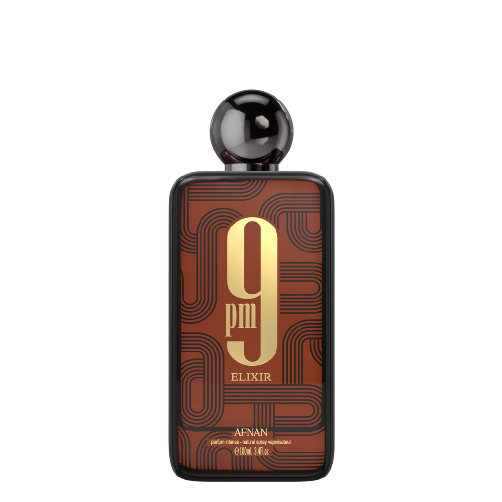 Perfume bottle labeled '9 pm Elixir' by Afnan on a white background