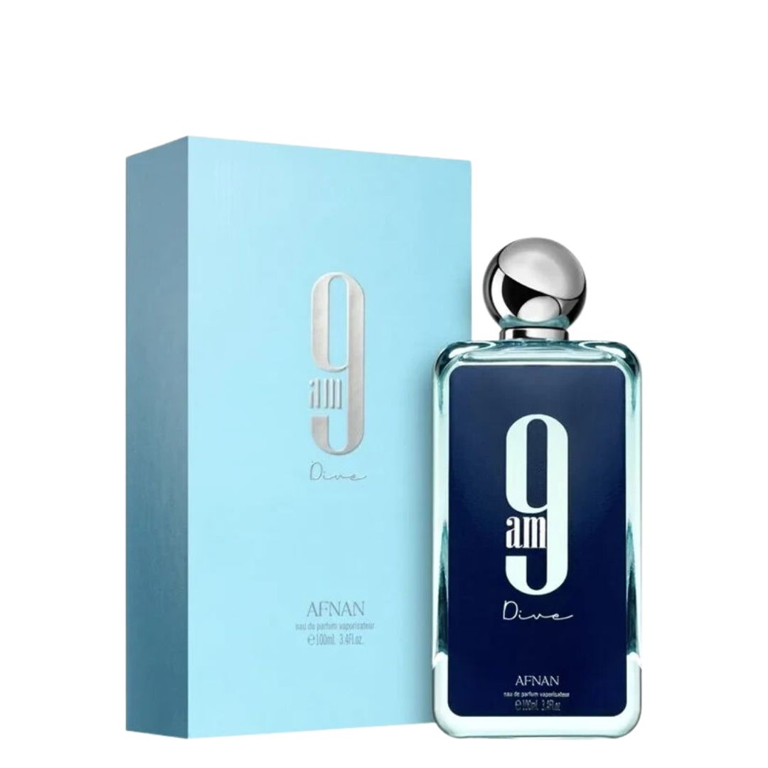 Afnan 9am Dive perfume bottle and packaging on a white background.