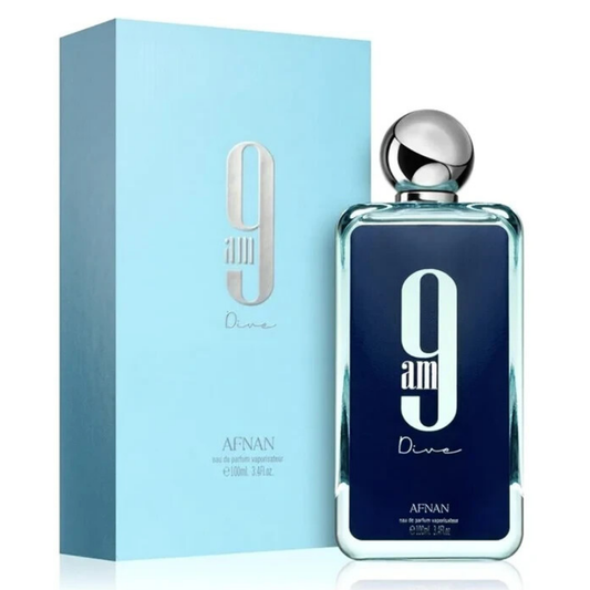 Afnan 9am Dive perfume bottle and packaging on a white background.