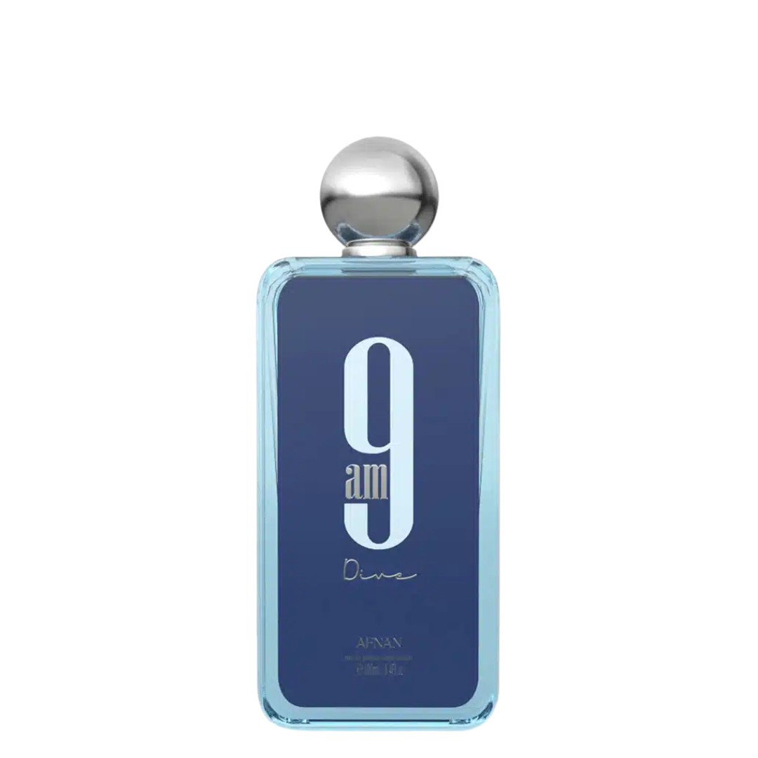 Perfume bottle with blue and silver design on a white background. Afnan 9am Dive Unisex Perfume