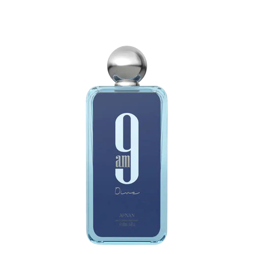 Perfume bottle with blue and silver design on a white background. Afnan 9am Dive Unisex Perfume