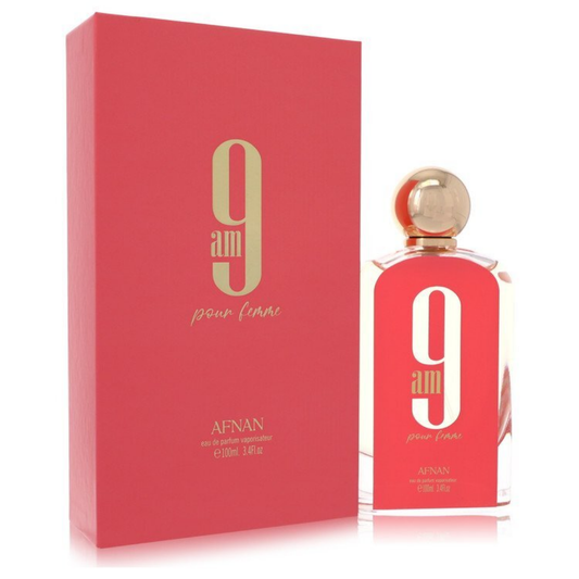 Afnan 9am pour femme perfume bottle and packaging on a white background