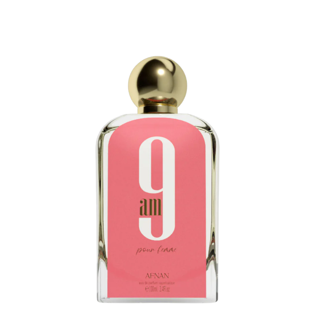 Perfume bottle with pink label and gold cap on white background. Afnan 9am Pour Femme Womens Perfume