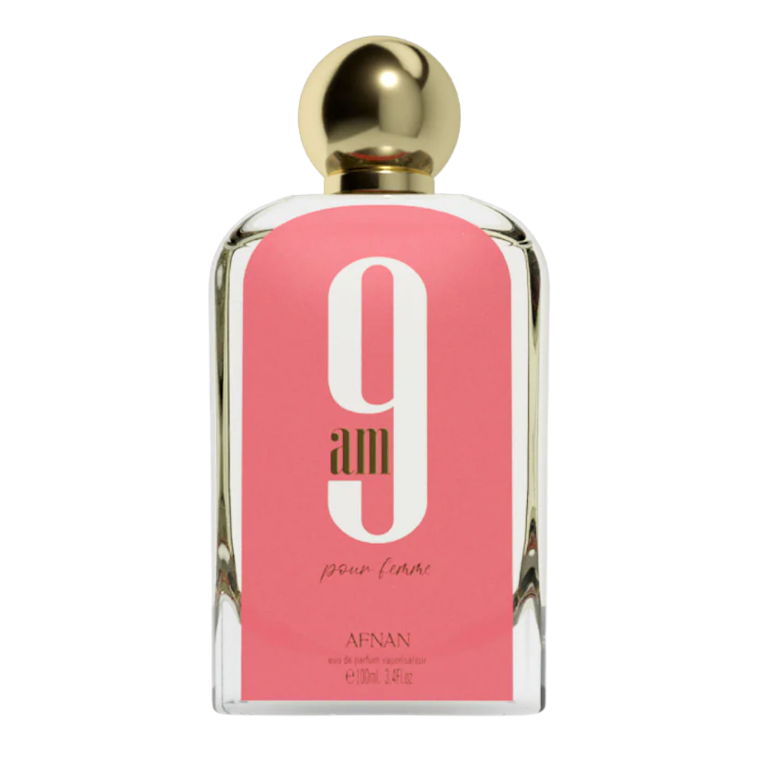 Perfume bottle with pink label and gold cap on white background. Afnan 9am Pour Femme Womens Perfume