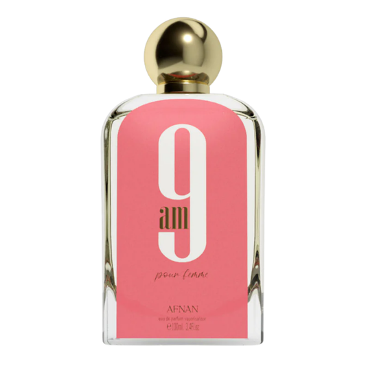 Perfume bottle with pink label and gold cap on white background. Afnan 9am Pour Femme Womens Perfume