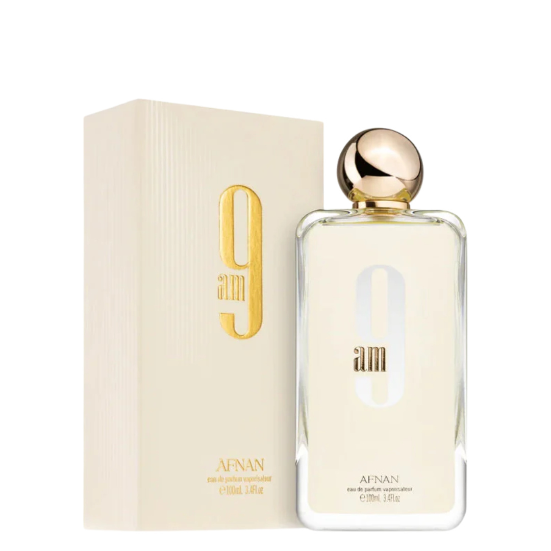 Afnan perfume bottle and packaging on a white background. Afnan 9am Womens Perfume
