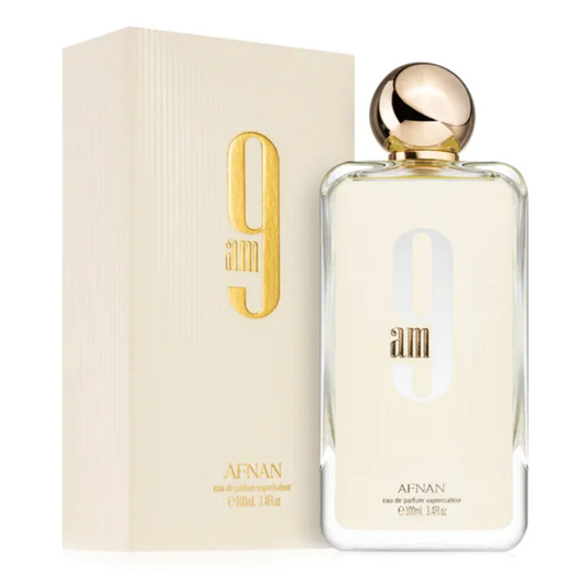 Afnan perfume bottle and packaging on a white background. Afnan 9am Womens Perfume
