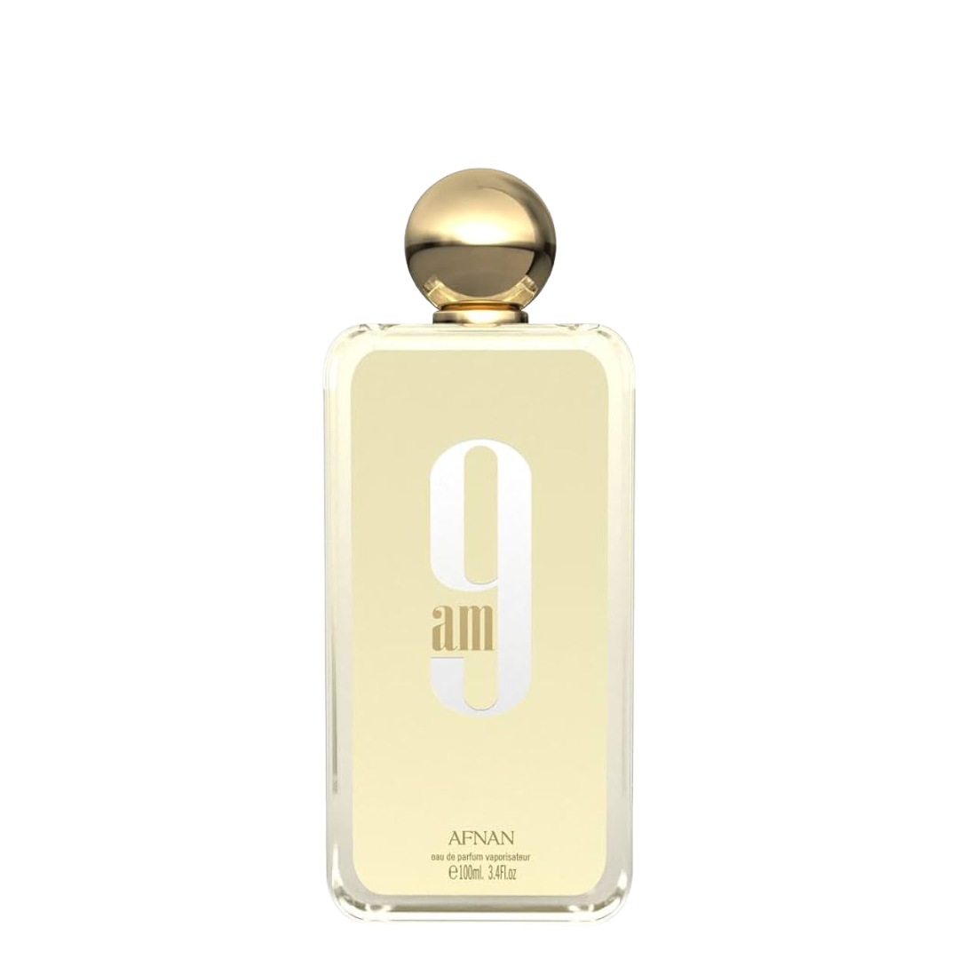 Perfume bottle with gold cap on a white background. Afnan 9am Womens Perfume