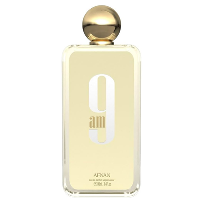 Perfume bottle with gold cap on a white background. Afnan 9am Womens Perfume