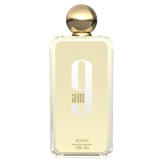 Perfume bottle with gold cap on a white background. Afnan 9am Womens Perfume