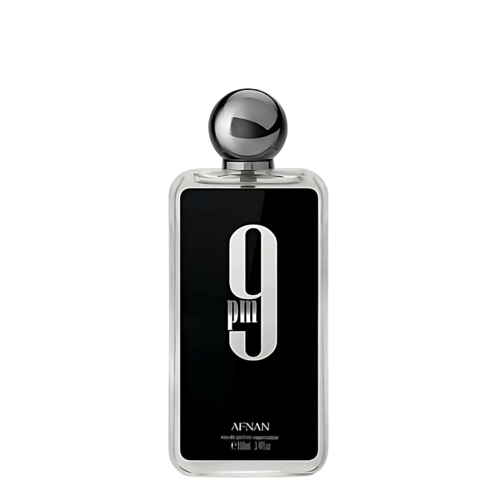 Perfume bottle with black label and silver cap on a white background. Afnan 9pm Mens Perfume