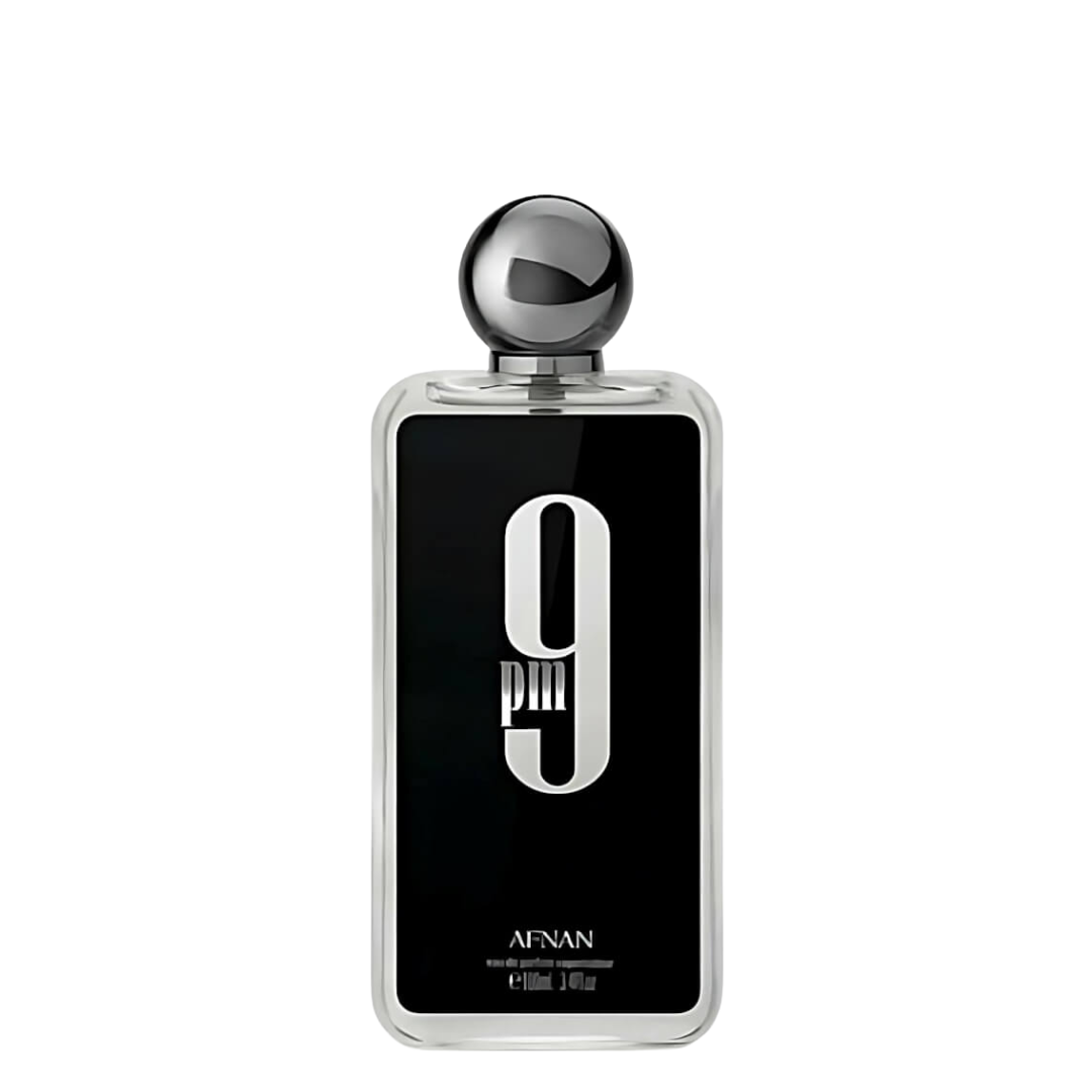 Perfume bottle with black label and silver cap on a white background. Afnan 9pm Mens Perfume