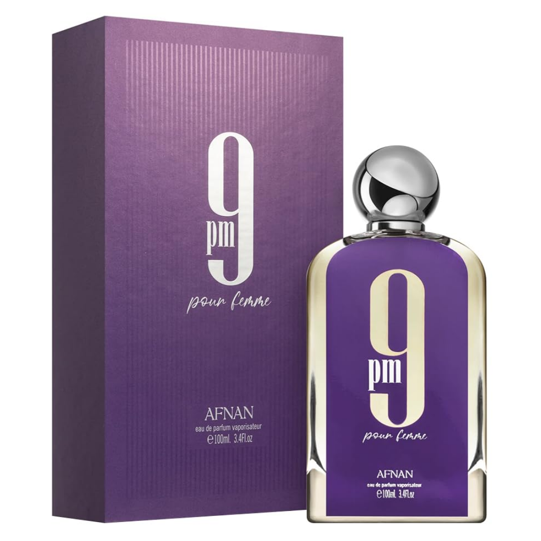 Afnan 9PM pour Femme perfume bottle and packaging on a white background