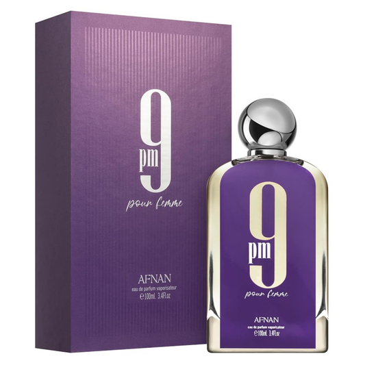 Afnan 9PM pour Femme perfume bottle and packaging on a white background