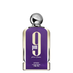 Perfume bottle with purple label and silver cap on white background. Afnan 9pm Pour Femme Womens Perfume