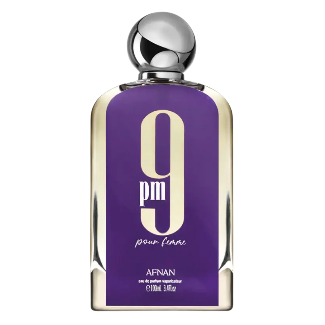 Perfume bottle with purple label and silver cap on white background. Afnan 9pm Pour Femme Womens Perfume