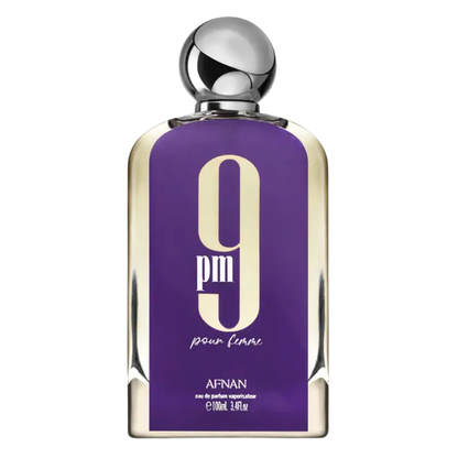 Perfume bottle with purple label and silver cap on white background. Afnan 9pm Pour Femme Womens Perfume