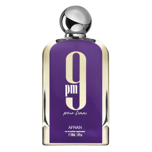 Perfume bottle with purple label and silver cap on white background. Afnan 9pm Pour Femme Womens Perfume