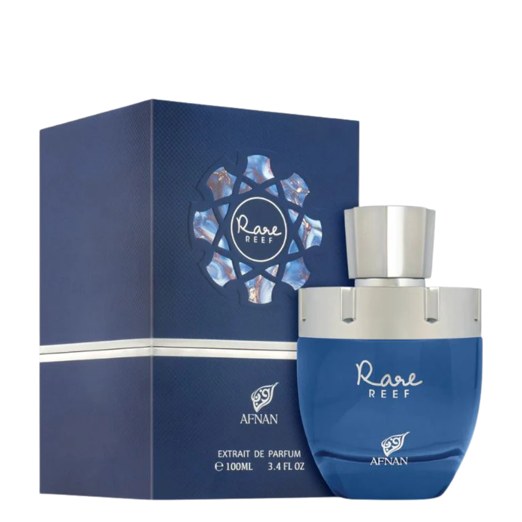 A bottle of Afnan Rare Reef Extrait de Parfum next to its dark blue packaging box, featuring a metallic silver cap and blue body.
