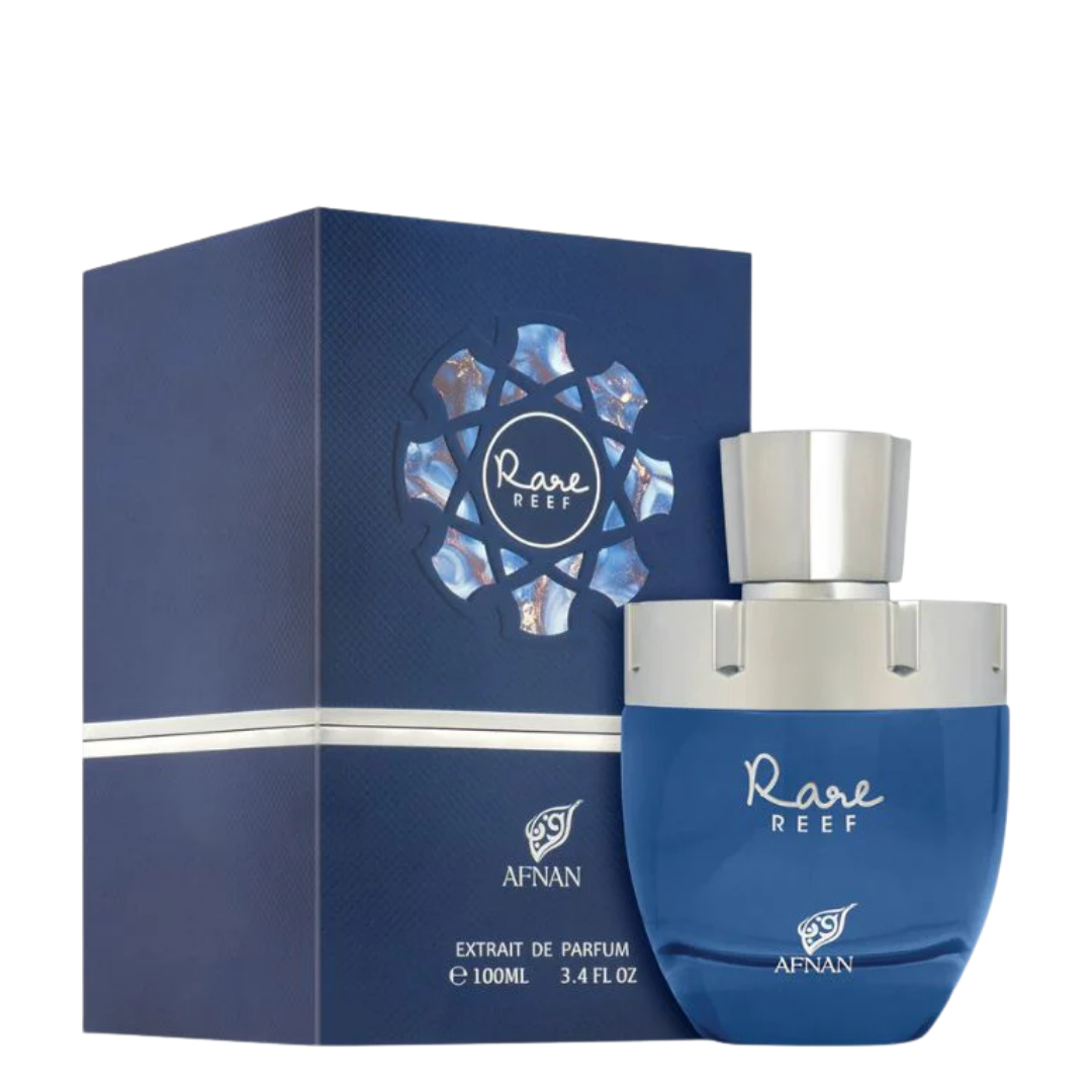 A bottle of Afnan Rare Reef Extrait de Parfum next to its dark blue packaging box, featuring a metallic silver cap and blue body.