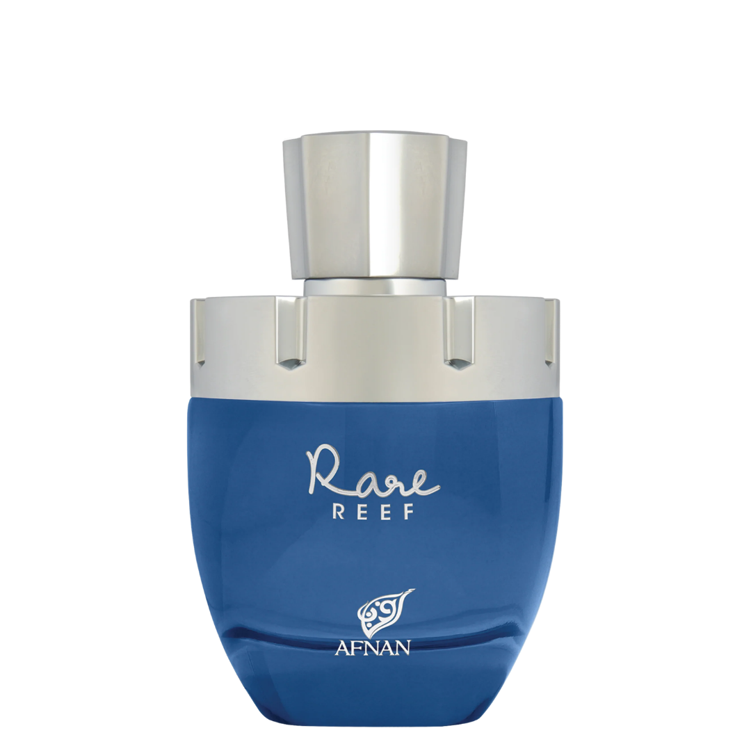 A blue and silver bottle of Afnan Rare Reef perfume, shown against a plain white background.