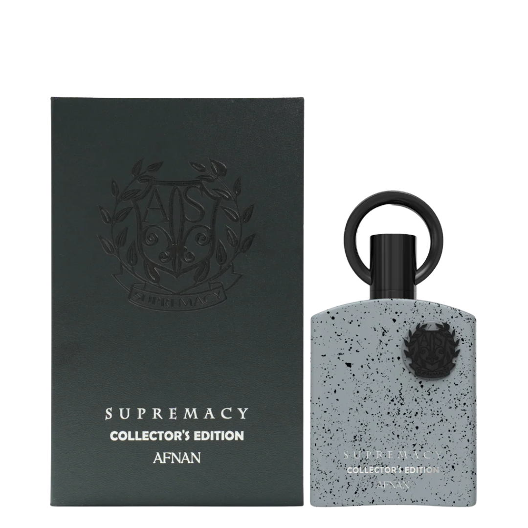 Perfume bottle and packaging of Supremacy Collector's Edition by Afnan on a white background